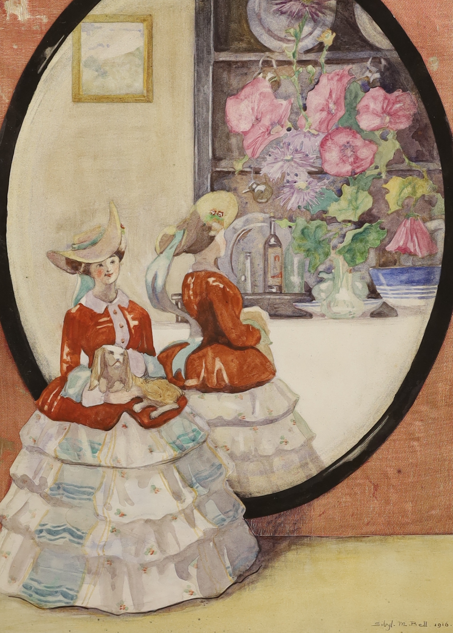 Sibyl M. Bell (19th / 20th. C) watercolour and collage, Crinoline lady before flowers, signed and dated 1916, inscribed verso ‘Exhibited Society of Women Artists’, 36 x 25cm